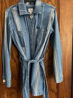 J. Crew Blue and White Striped Denim Jacket with Tie Belt